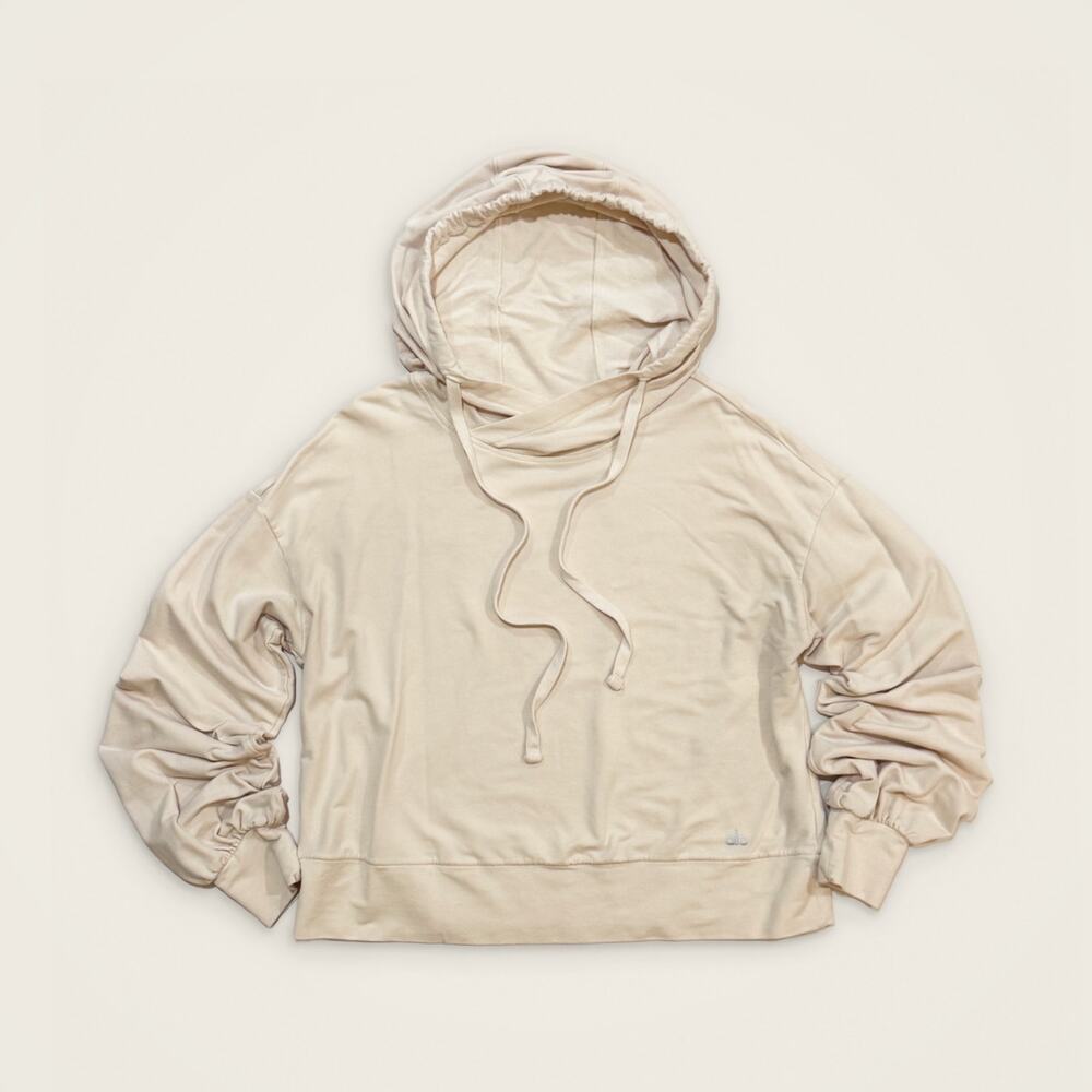 Alo Yoga Social Cropped Hoodie Pristine Cream Oversized Balloon Sleeve Size M